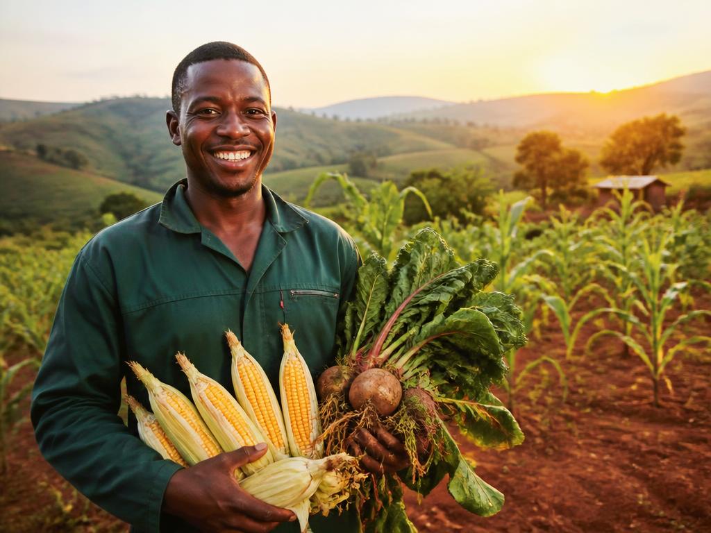Ghanaian farmer at sunrise in a green maize field